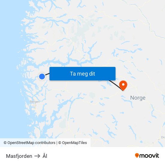 Masfjorden to Ål map