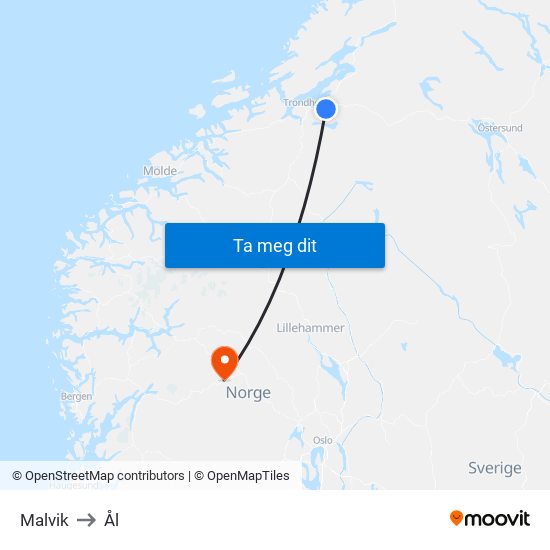 Malvik to Ål map