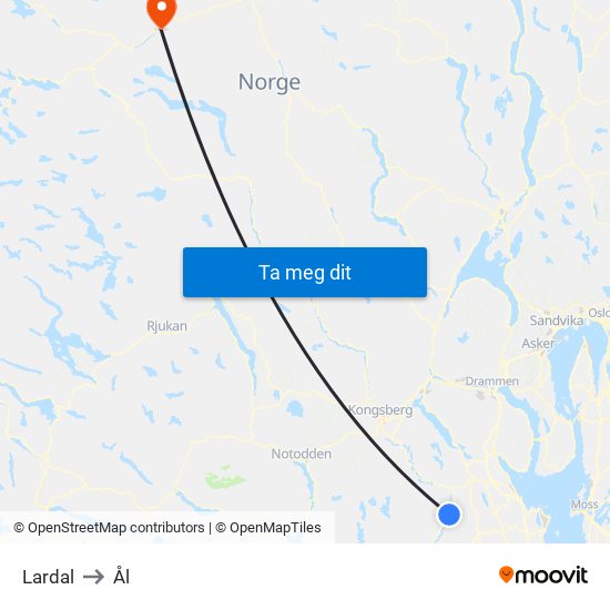 Lardal to Ål map