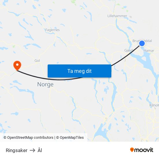 Ringsaker to Ål map