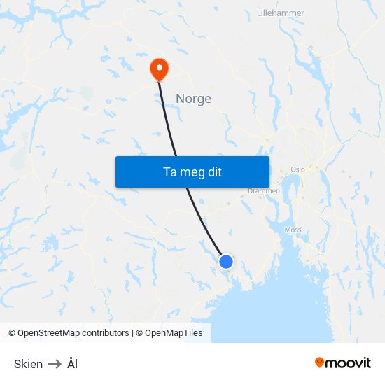 Skien to Ål map