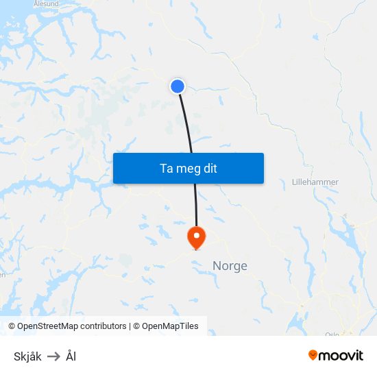 Skjåk to Ål map