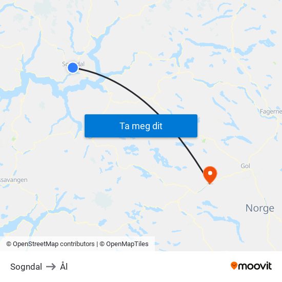 Sogndal to Ål map