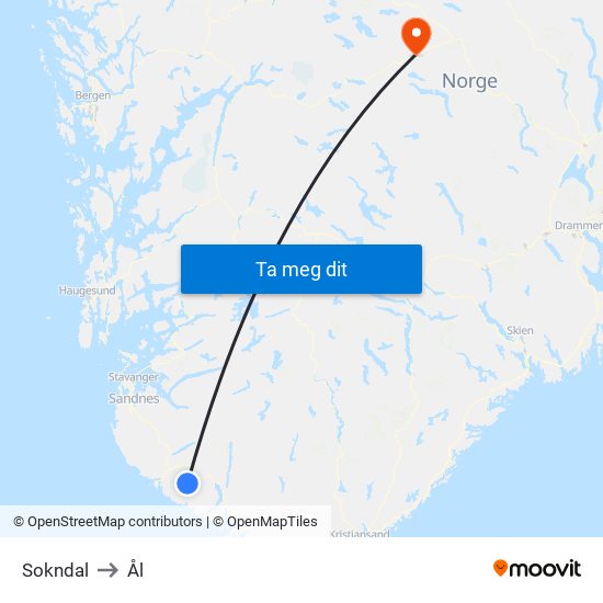 Sokndal to Ål map