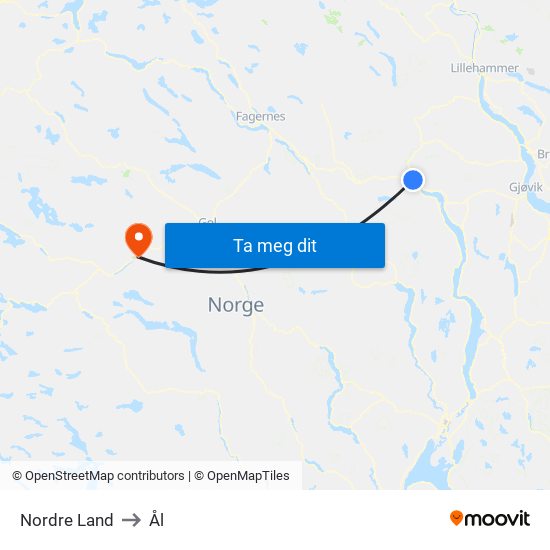 Nordre Land to Ål map