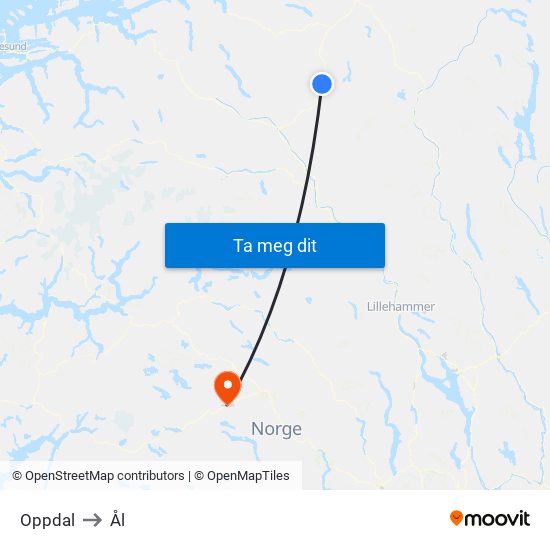 Oppdal to Ål map