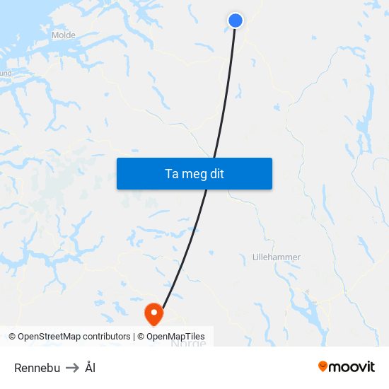 Rennebu to Ål map