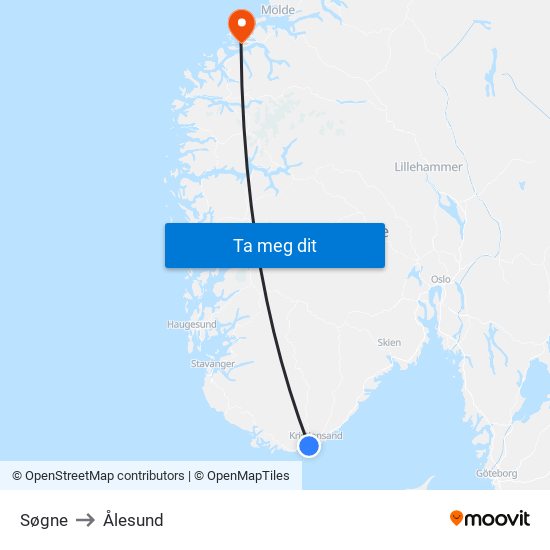 Søgne to Ålesund map