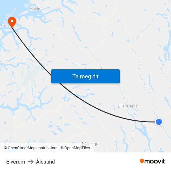 Elverum to Ålesund map