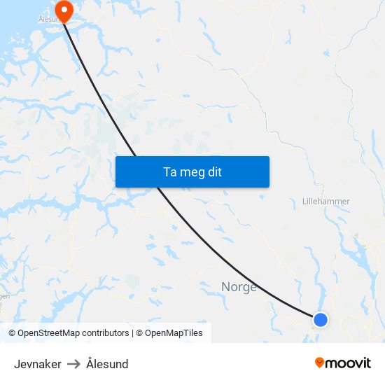 Jevnaker to Ålesund map