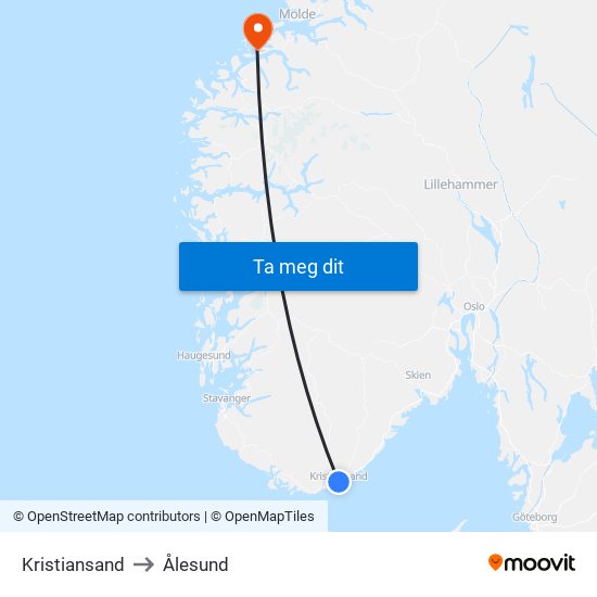 Kristiansand to Ålesund map