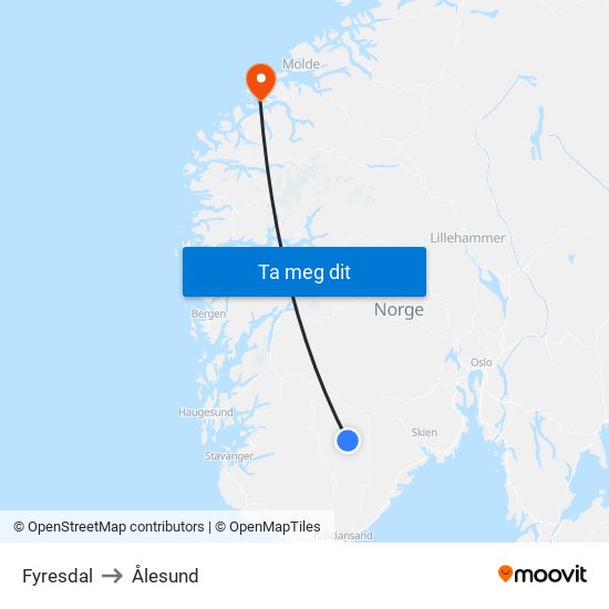 Fyresdal to Ålesund map