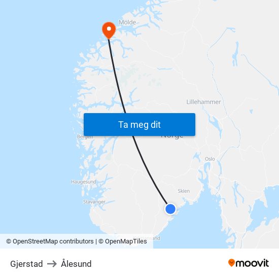 Gjerstad to Ålesund map