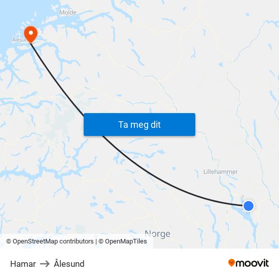 Hamar to Ålesund map