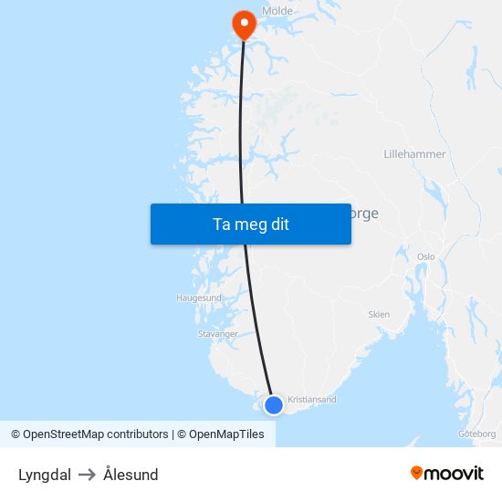 Lyngdal to Ålesund map