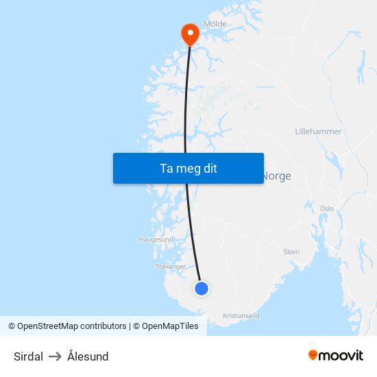 Sirdal to Ålesund map