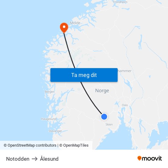 Notodden to Ålesund map