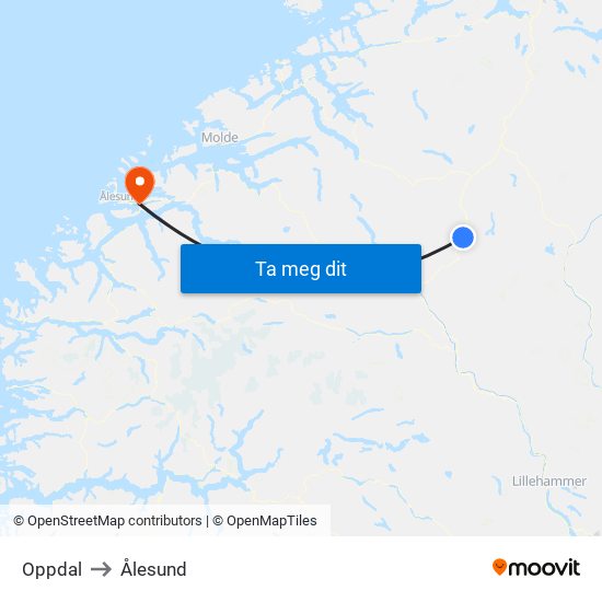 Oppdal to Ålesund map