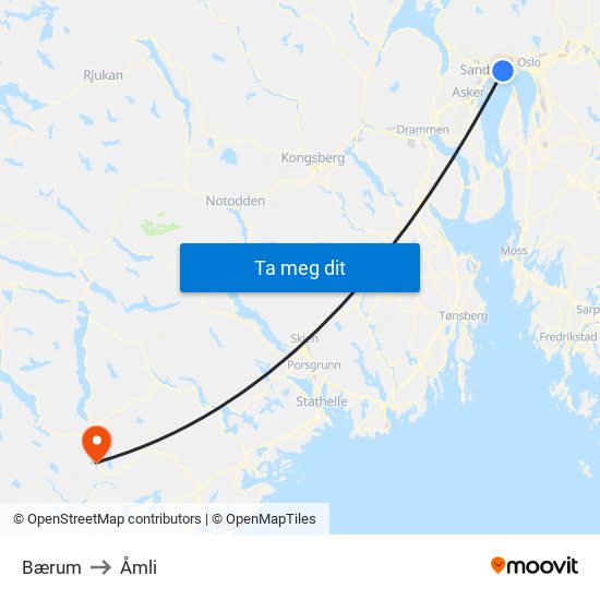 Bærum to Åmli map