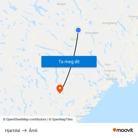 Hjartdal to Åmli map