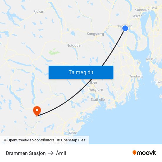 Drammen Stasjon to Åmli map