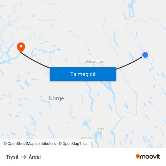 Trysil to Årdal map