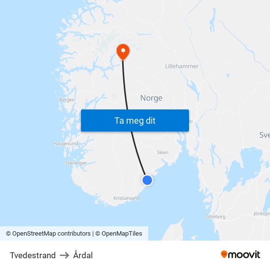 Tvedestrand to Årdal map