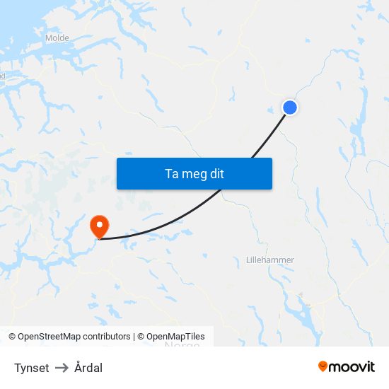 Tynset to Årdal map