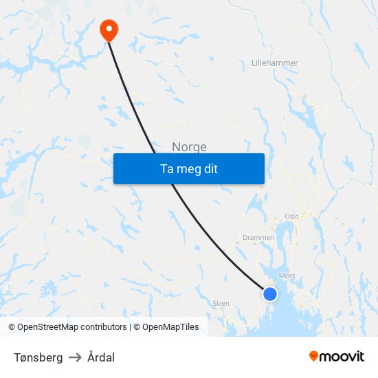 Tønsberg to Årdal map