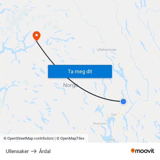 Ullensaker to Årdal map