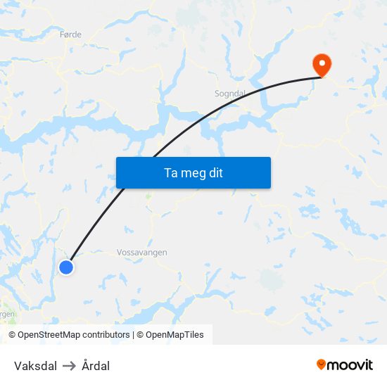 Vaksdal to Årdal map