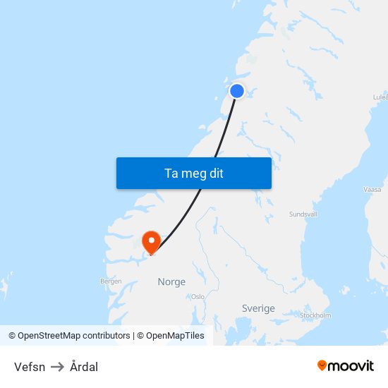 Vefsn to Årdal map