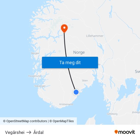 Vegårshei to Årdal map