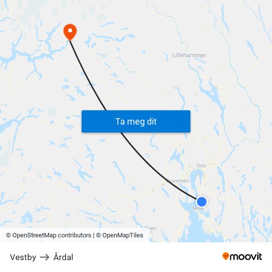 Vestby to Årdal map