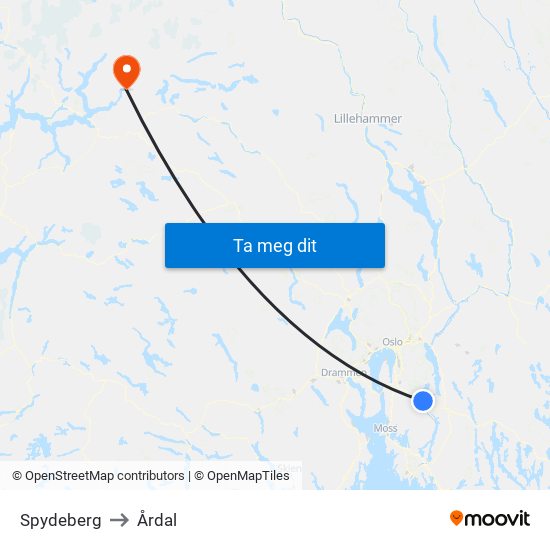 Spydeberg to Årdal map
