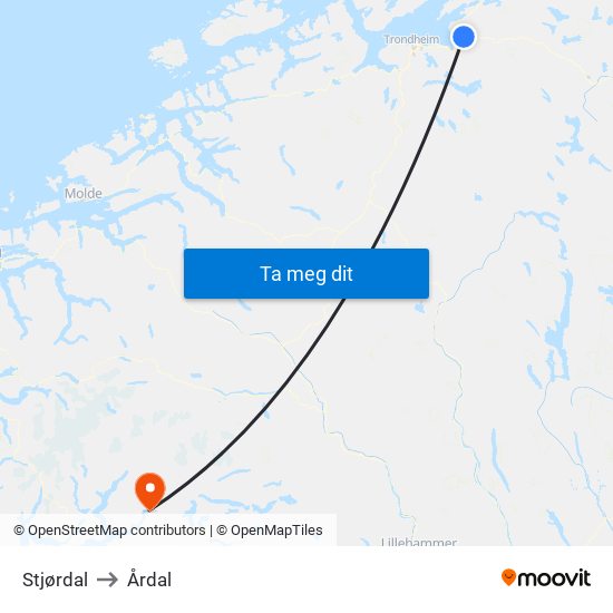 Stjørdal to Årdal map