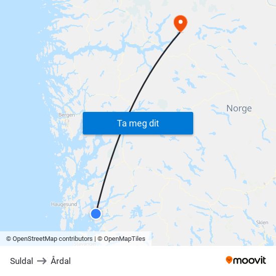 Suldal to Årdal map