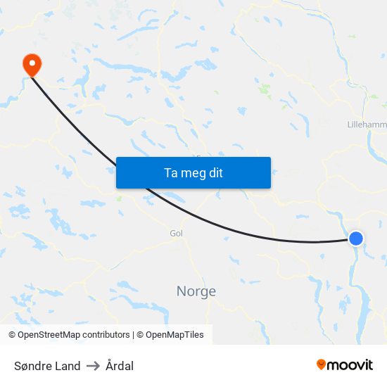 Søndre Land to Årdal map