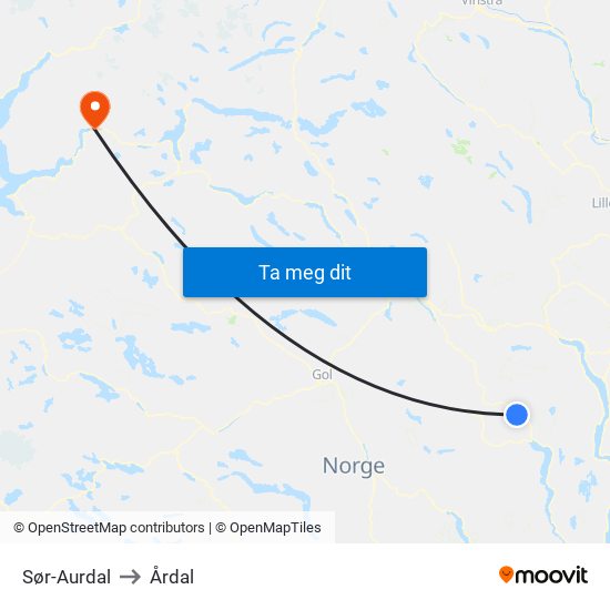 Sør-Aurdal to Årdal map