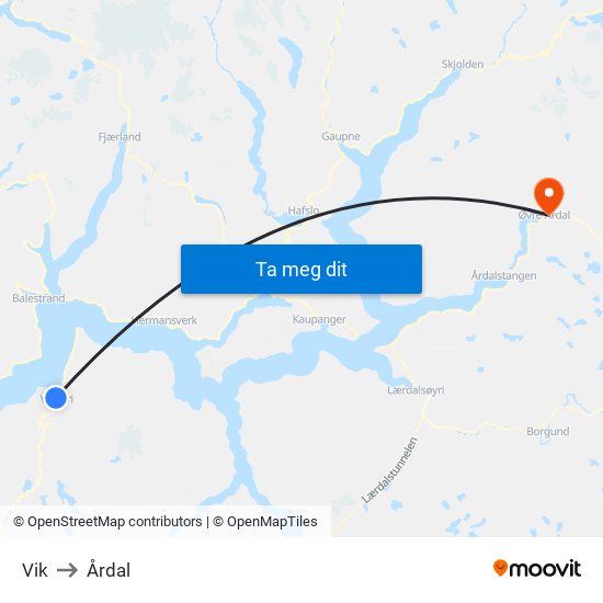 Vik to Årdal map