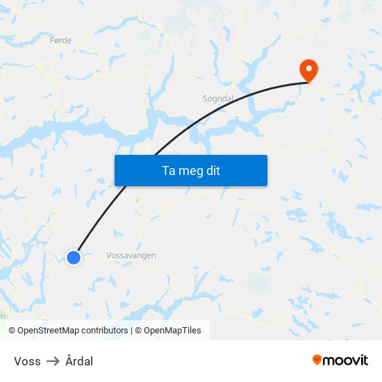 Voss to Årdal map