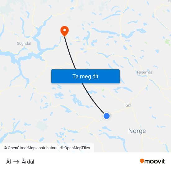 Ål to Årdal map