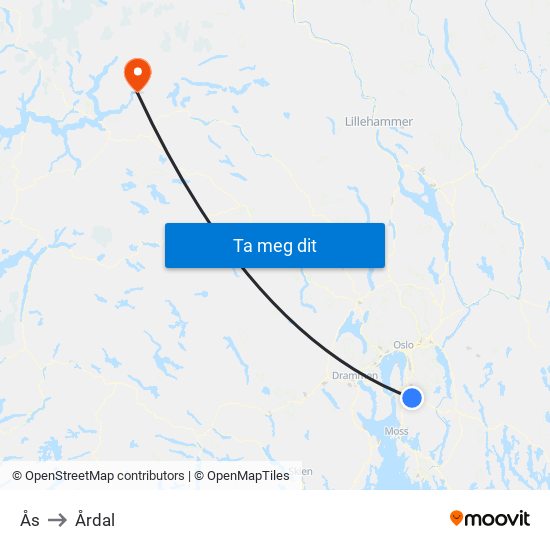Ås to Årdal map