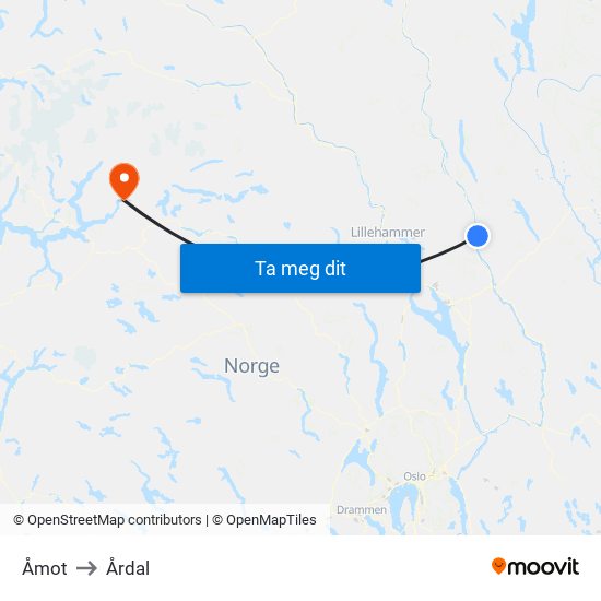 Åmot to Årdal map
