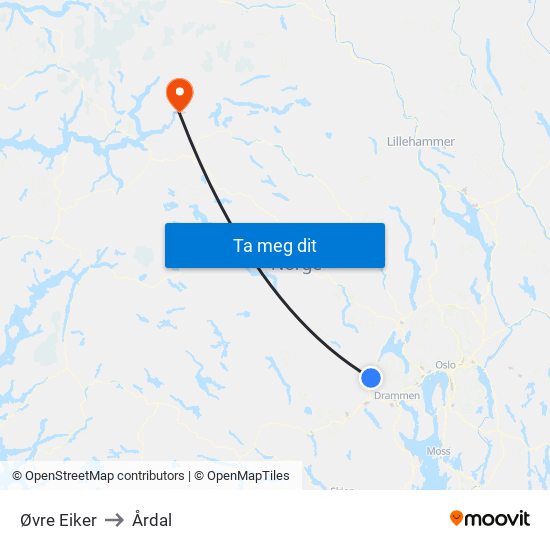 Øvre Eiker to Årdal map