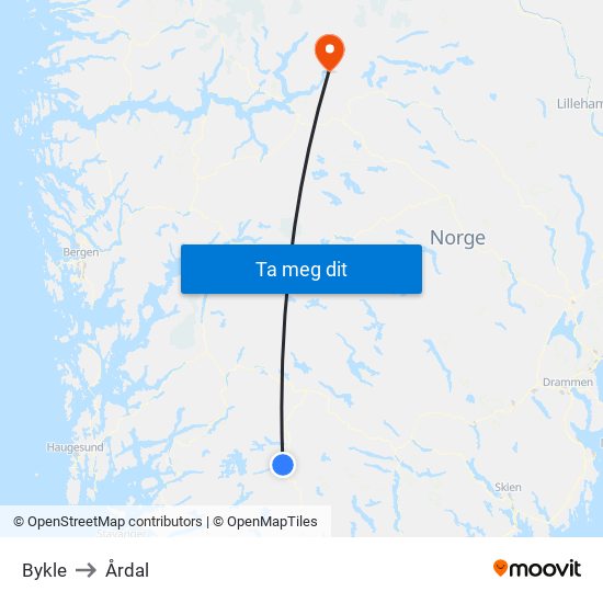 Bykle to Årdal map