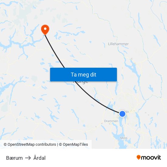 Bærum to Årdal map