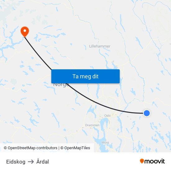 Eidskog to Årdal map