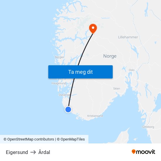 Eigersund to Årdal map