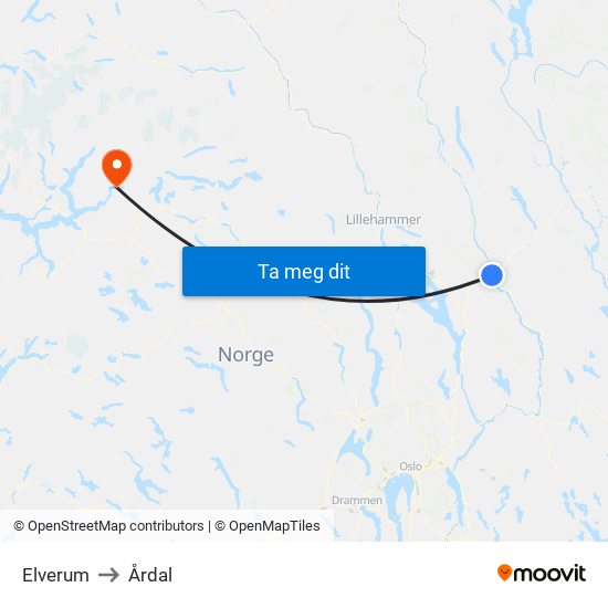 Elverum to Årdal map